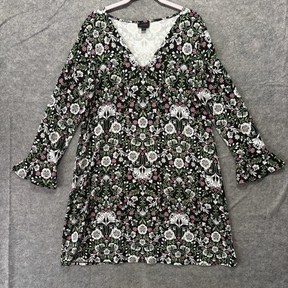 J. Jill Wearever Collection Dress‎ Womans Sz M Black Floral Trapeze Stretch - Picture 1 of 6